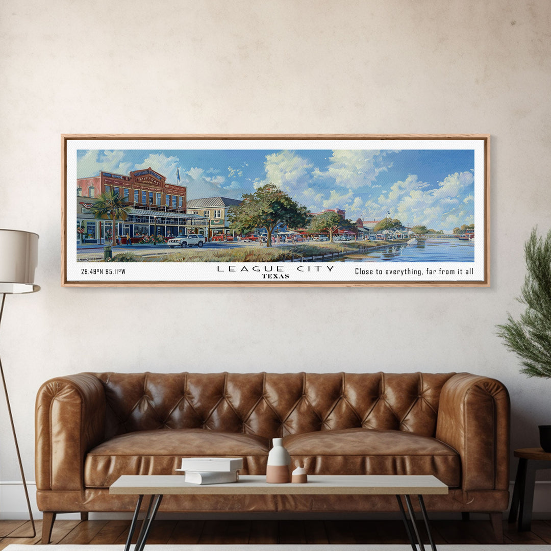 League City Texas Panoramic Watercolor Cityscape, Framed Canvas Print for Living Room, Office Wall Art, Urban Decor, Travel Poster