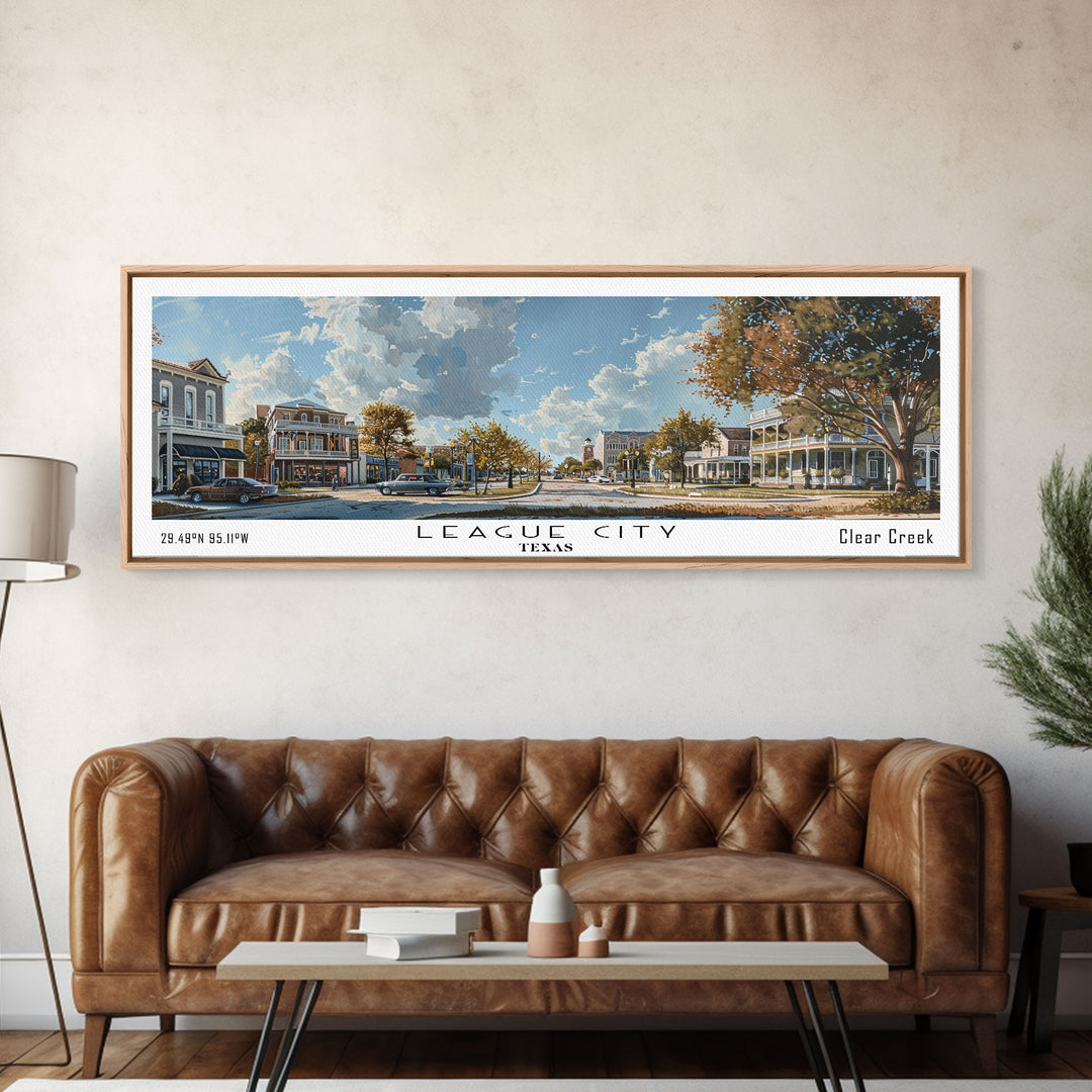 League City Texas Panoramic Cityscape Wall Art, Watercolor Framed Canvas Print, Urban Painting for Living Room, Office Decor, Travel Poster