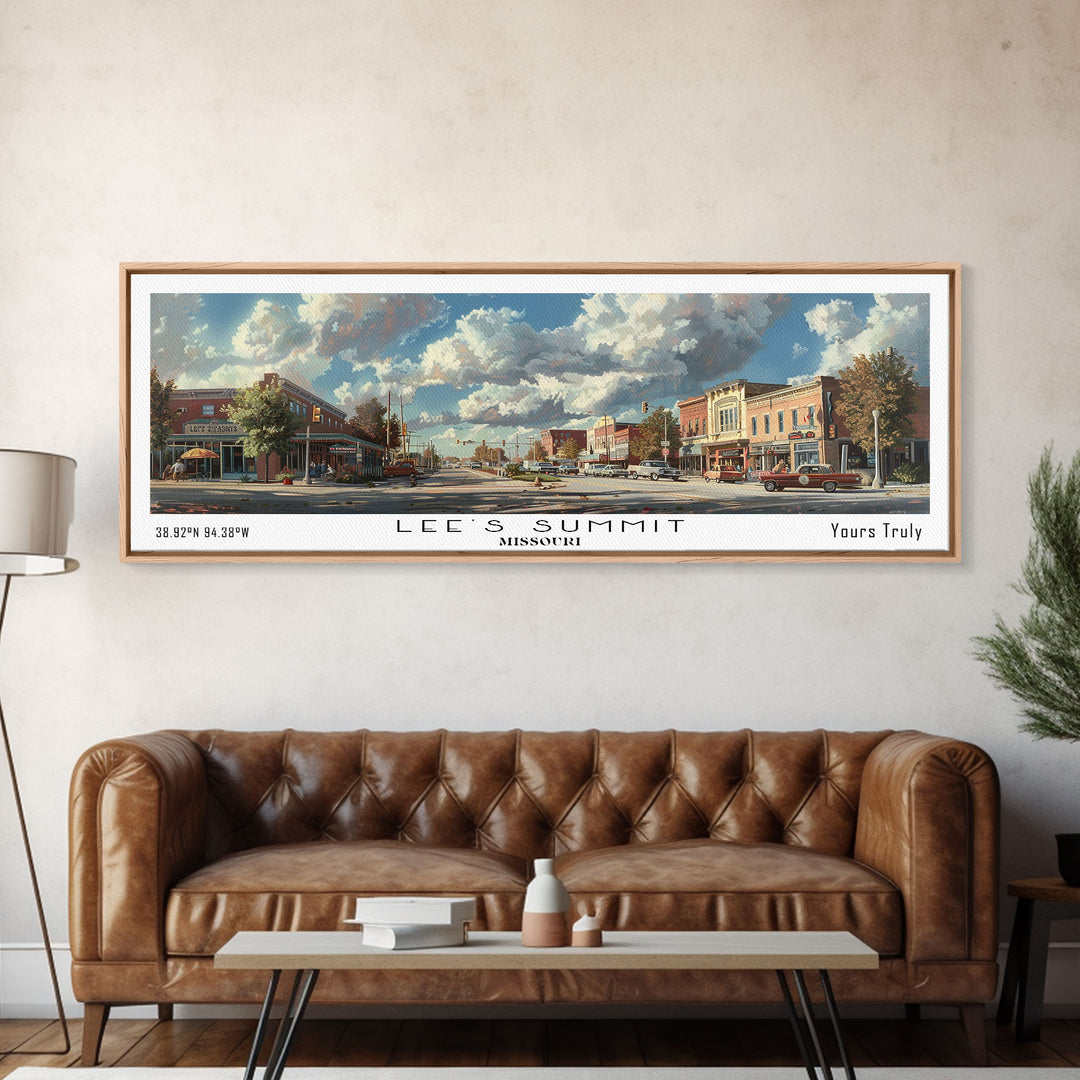 Lees Summit Missouri Panoramic Cityscape Wall Art, Watercolor Framed Canvas Print, Urban Painting for Living Room, Office Decor, Travel Poster