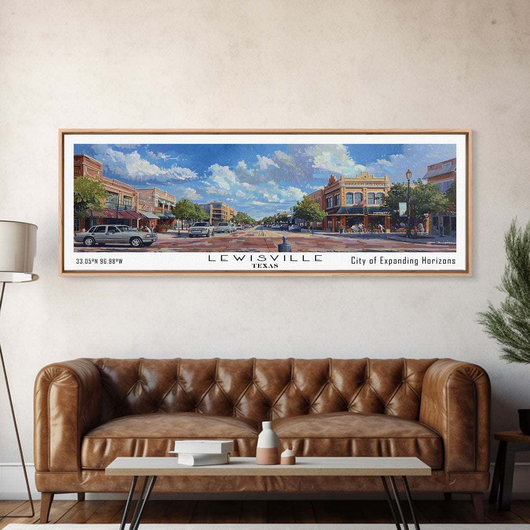 Lewisville Texas Panoramic Cityscape Painting, Framed Canvas Print, Urban Decor, Office Wall Art, Watercolor Travel Poster, Home Decoration