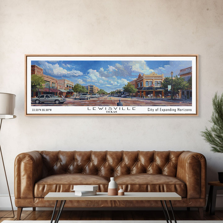 Lewisville Texas Panoramic Cityscape Painting, Framed Canvas Print, Urban Decor, Office Wall Art, Watercolor Travel Poster, Home Decoration