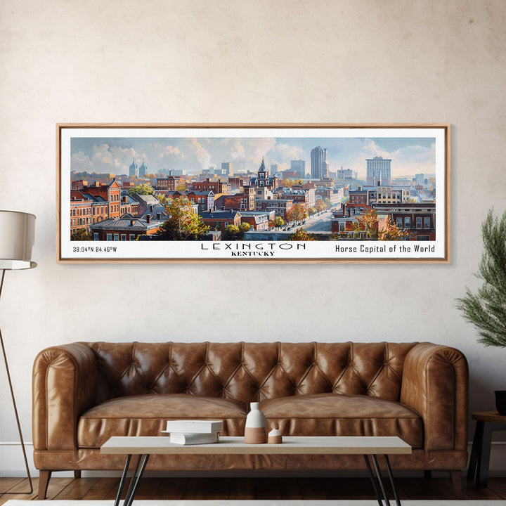 Lexington Kentucky Panoramic Cityscape Wall Art, Watercolor Framed Canvas Print, Urban Painting for Living Room, Office Decor, Travel Poster