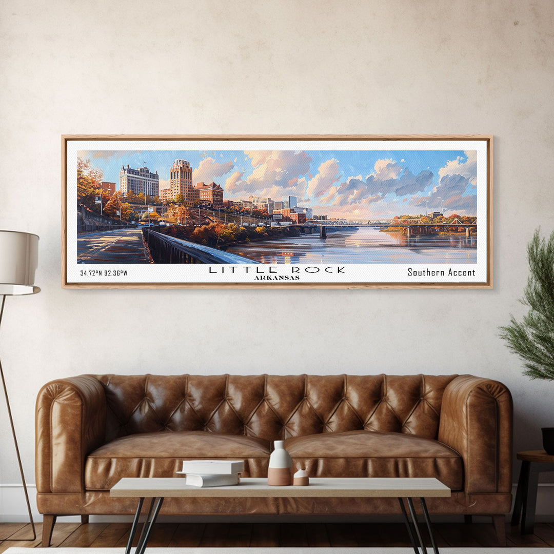 Little Rock Arkansas Panoramic Watercolor Cityscape, Framed Canvas Print for Living Room, Office Wall Art, Urban Decor, Travel Poster