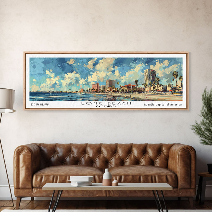 Long Beach California Panoramic Cityscape Painting, Framed Canvas Print, Urban Decor, Office Wall Art, Watercolor Travel Poster, Home Decoration