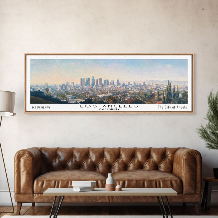 Los Angeles California Panoramic Cityscape Wall Art, Watercolor Framed Canvas Print, Urban Painting for Living Room, Office Decor, Travel Poster