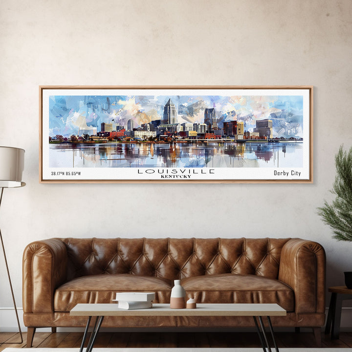 Louisville Kentucky Panoramic Cityscape Wall Art, Watercolor Framed Canvas Print, Urban Painting for Living Room, Office Decor, Travel Poster
