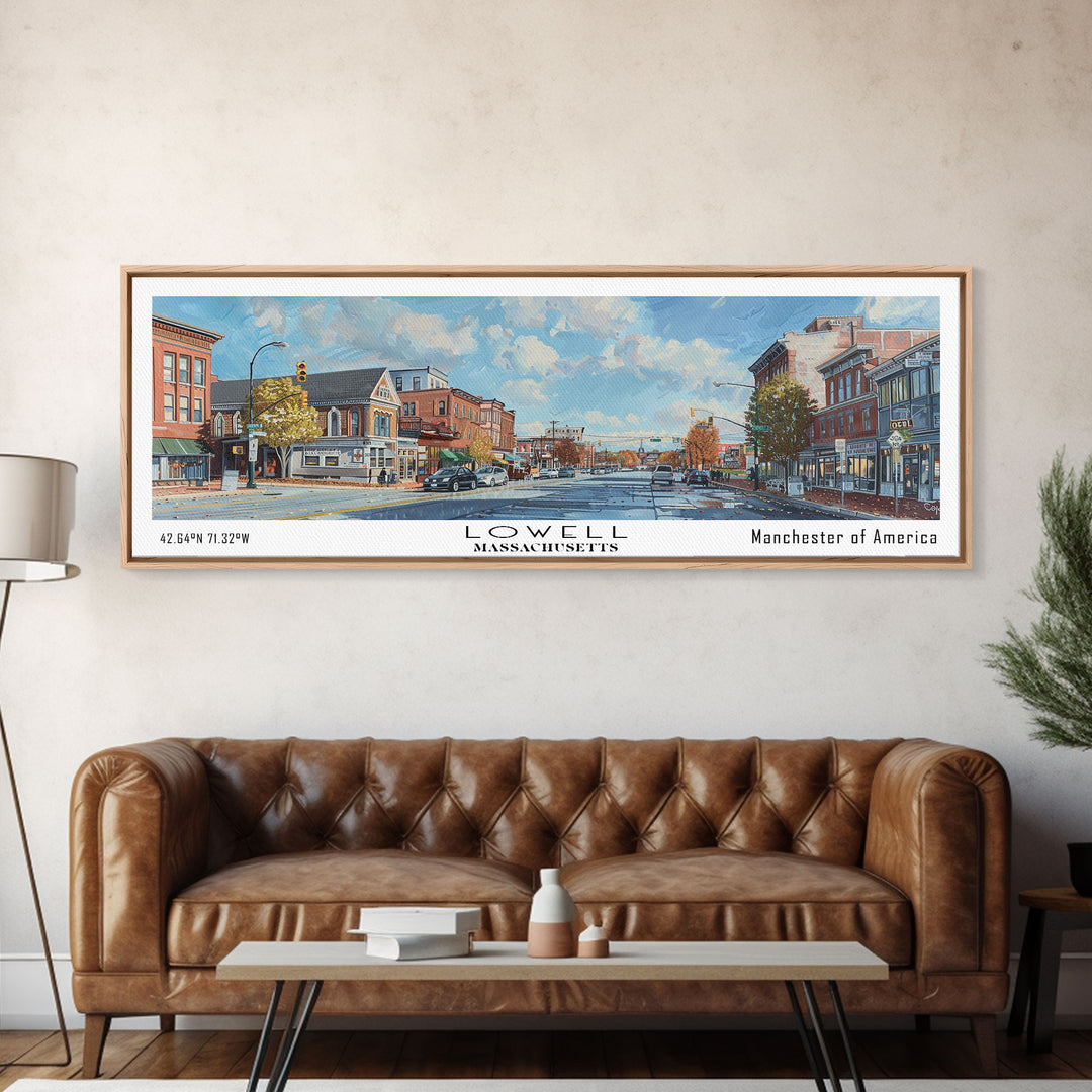 Lowell Massachusetts Panoramic Watercolor Cityscape, Framed Canvas Print for Living Room, Office Wall Art, Urban Decor, Travel Poster