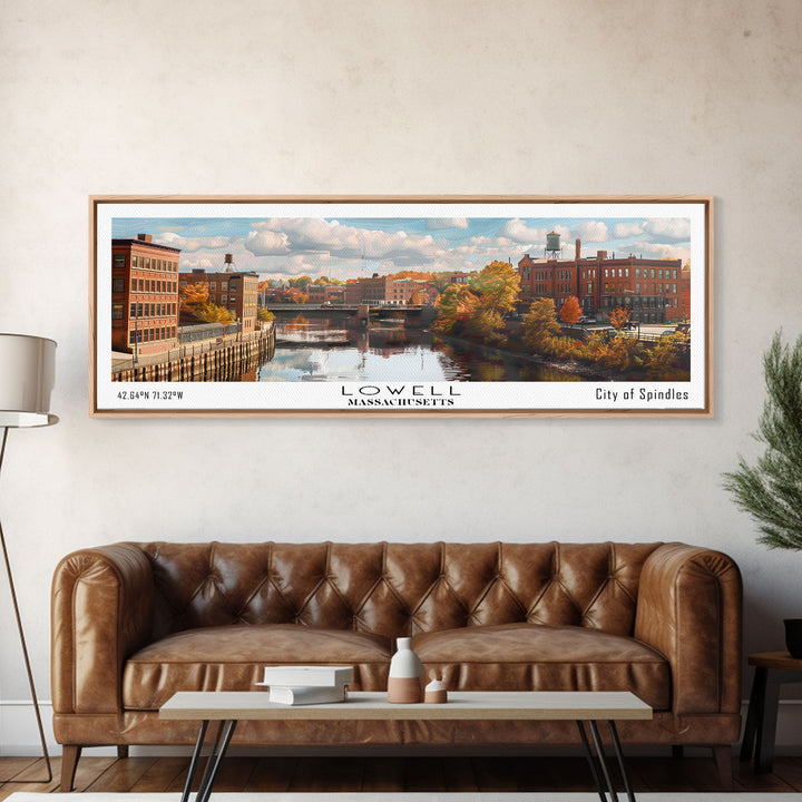 Lowell Massachusetts Panoramic Cityscape Wall Art, Watercolor Framed Canvas Print, Urban Painting for Living Room, Office Decor, Travel Poster