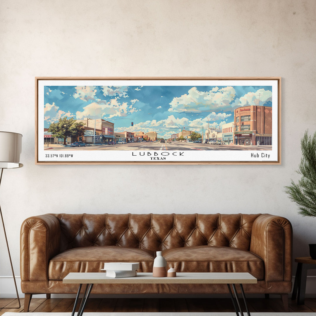 Lubbock Texas Panoramic Cityscape Wall Art, Watercolor Framed Canvas Print, Urban Painting for Living Room, Office Decor, Travel Poster
