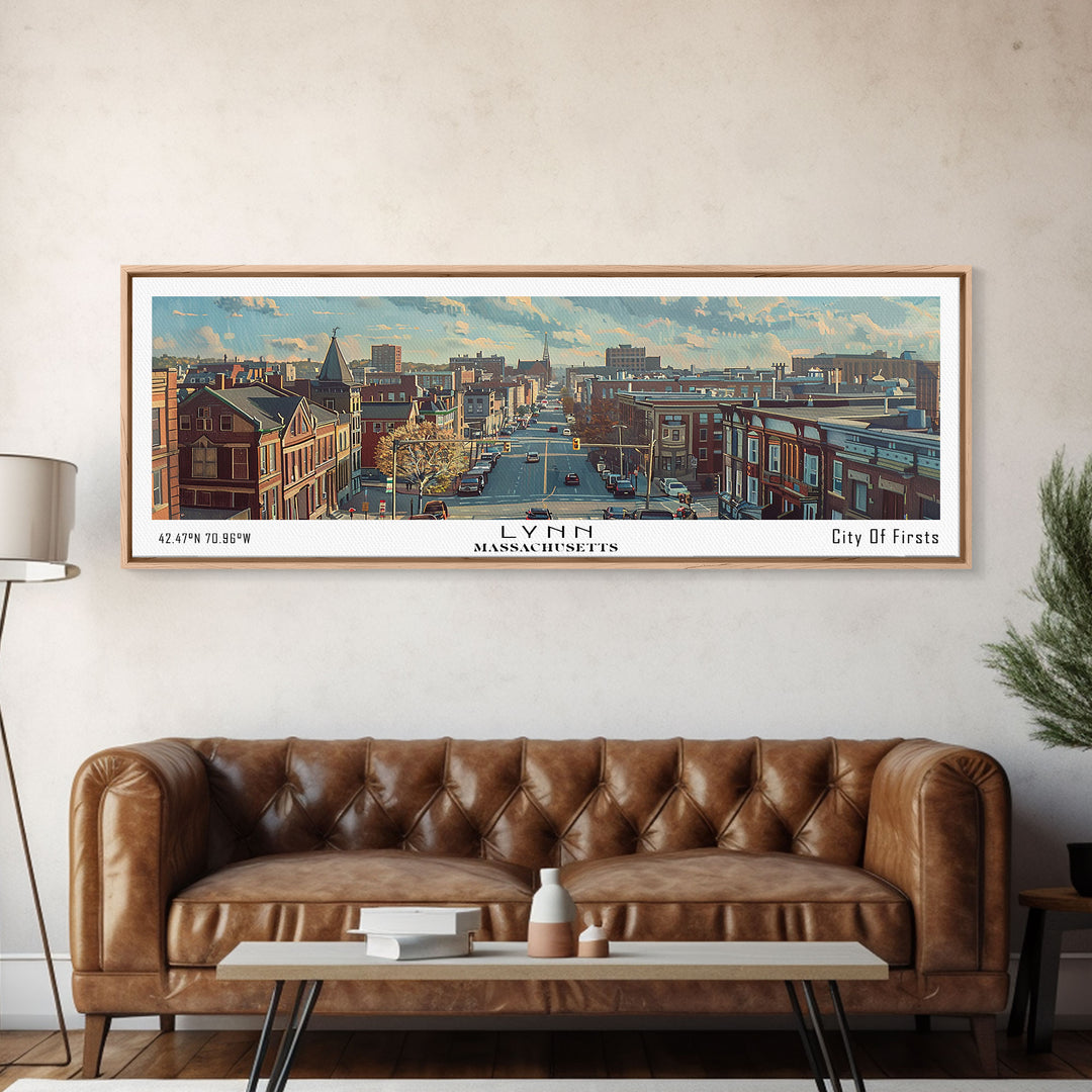 Lynn Massachusetts Panoramic Cityscape Wall Art, Watercolor Framed Canvas Print, Urban Painting for Living Room, Office Decor, Travel Poster