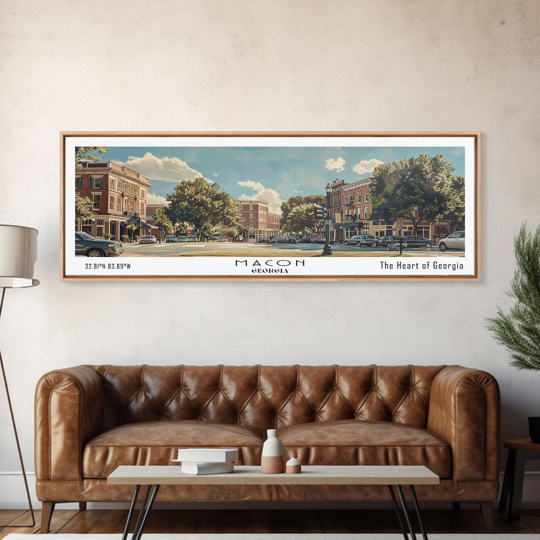 Macon Georgia Panoramic Watercolor Cityscape, Framed Canvas Print for Living Room, Office Wall Art, Urban Decor, Travel Poster