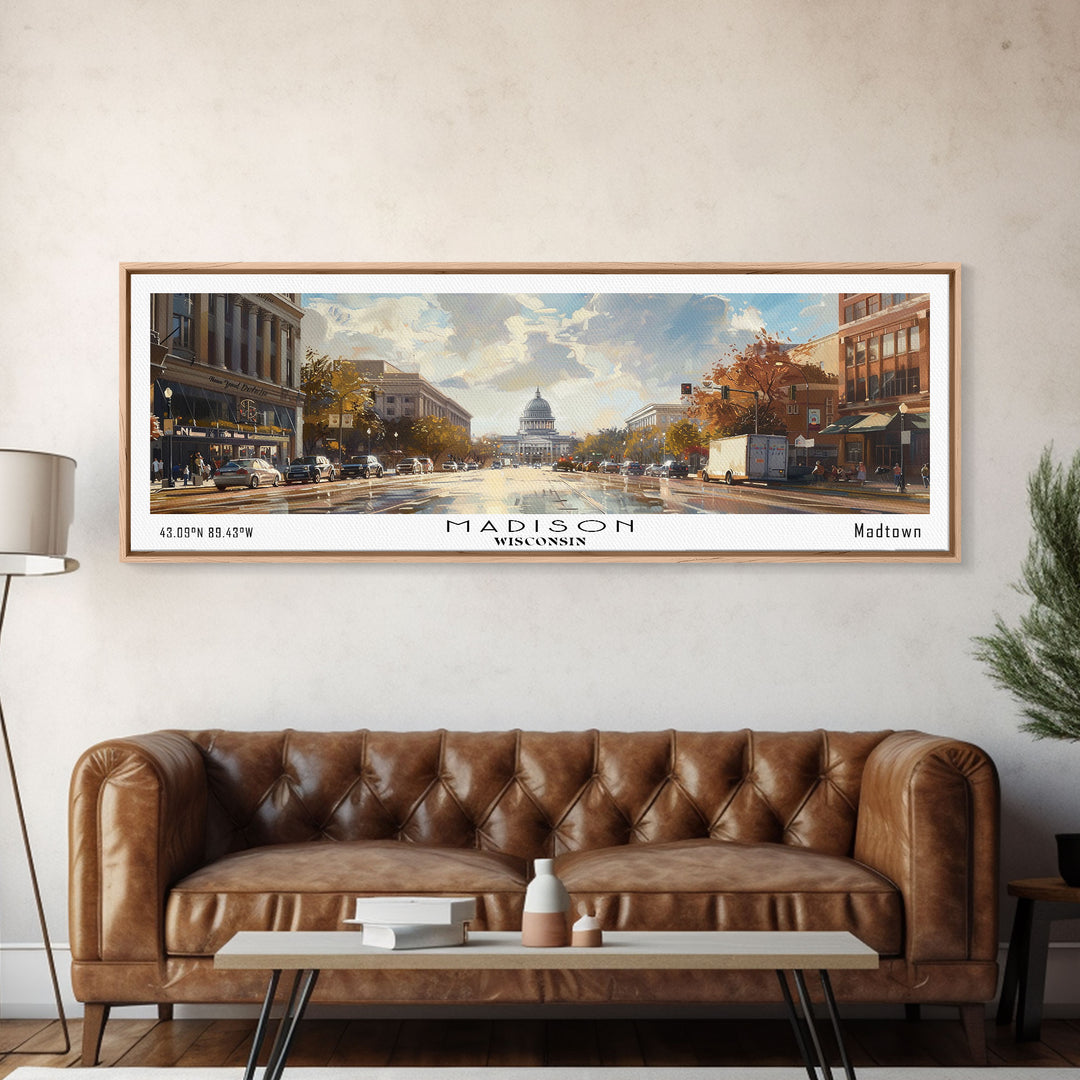 Madison Wisconsin Panoramic Framed Canvas Print, Stunning Watercolor Painting, City Wall Art, Office Decor, Living Room Art, Travel Poster