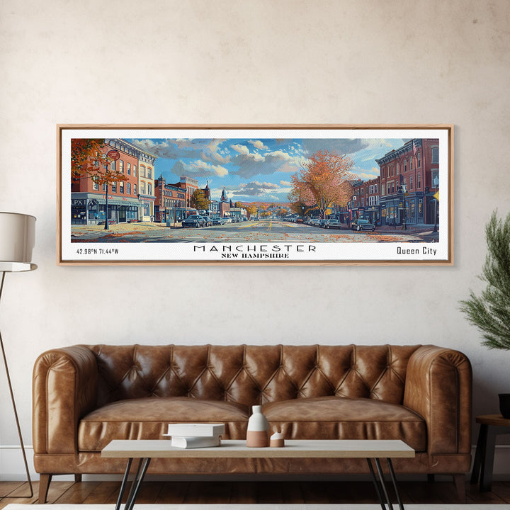 Manchester New Hampshire Panoramic Framed Canvas Print, Beautiful Watercolor Painting, City Wall Art, Office Decor, Living Room Art