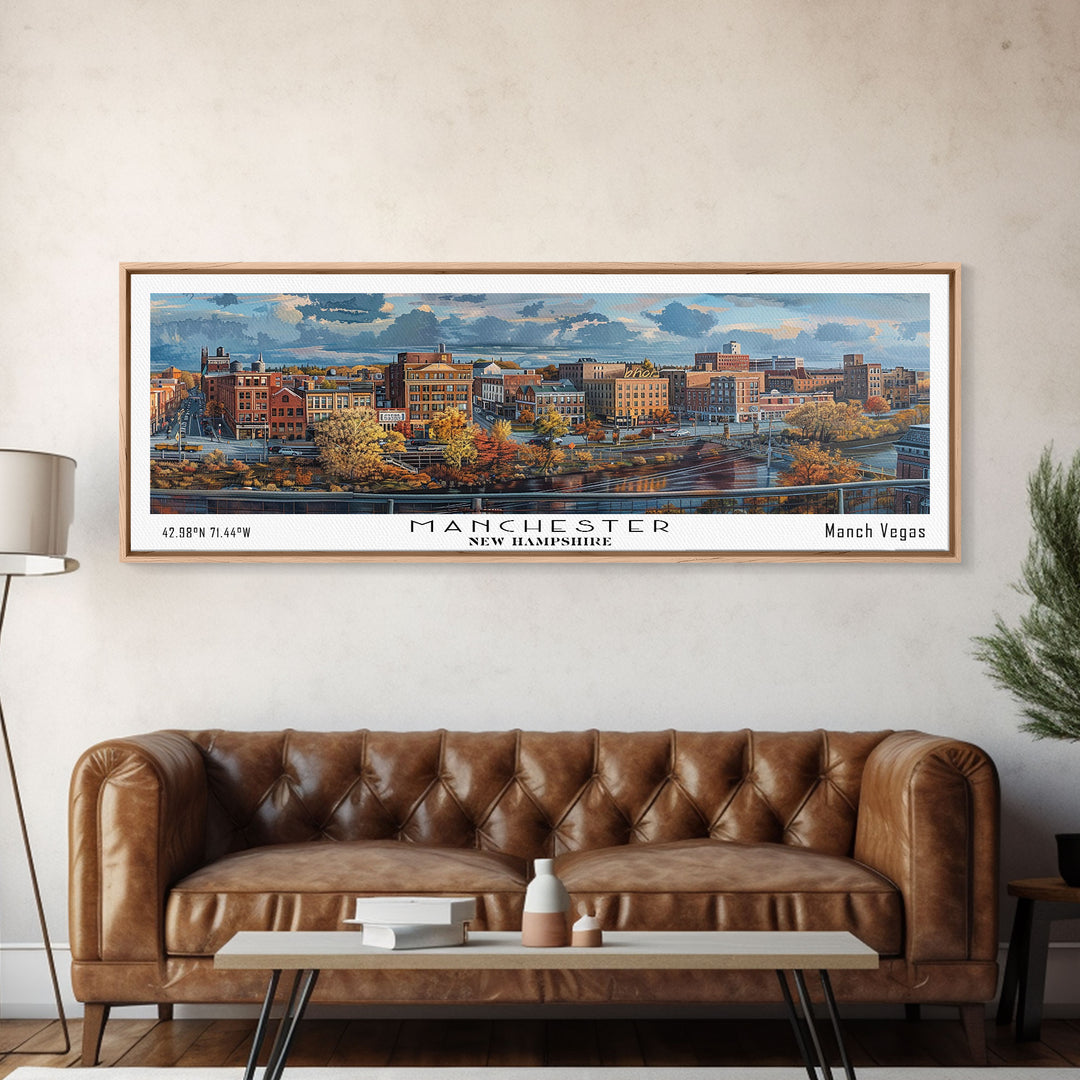 Manchester New Hampshire Panoramic Framed Canvas Print, Stunning Watercolor Painting, City Wall Art, Office Decor, Living Room Art
