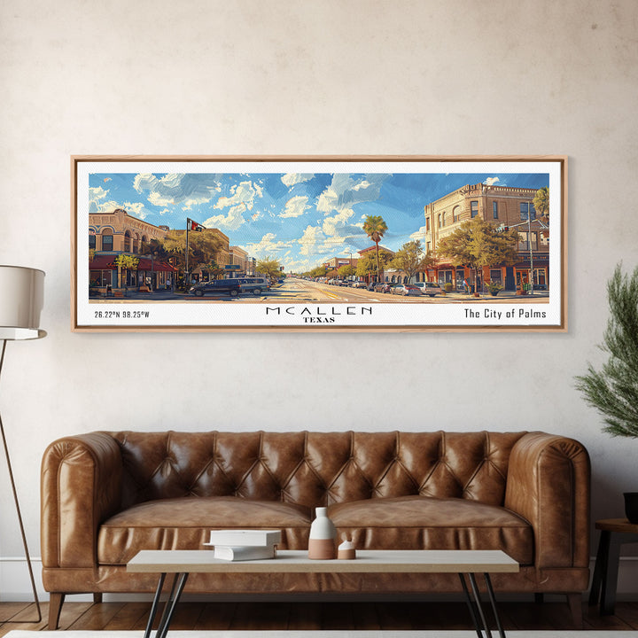 McAllen Texas Panoramic Framed Canvas Print, Watercolor Cityscape, Office Wall Art, Living Room Decor, Travel Poster, City Art, Home Decor