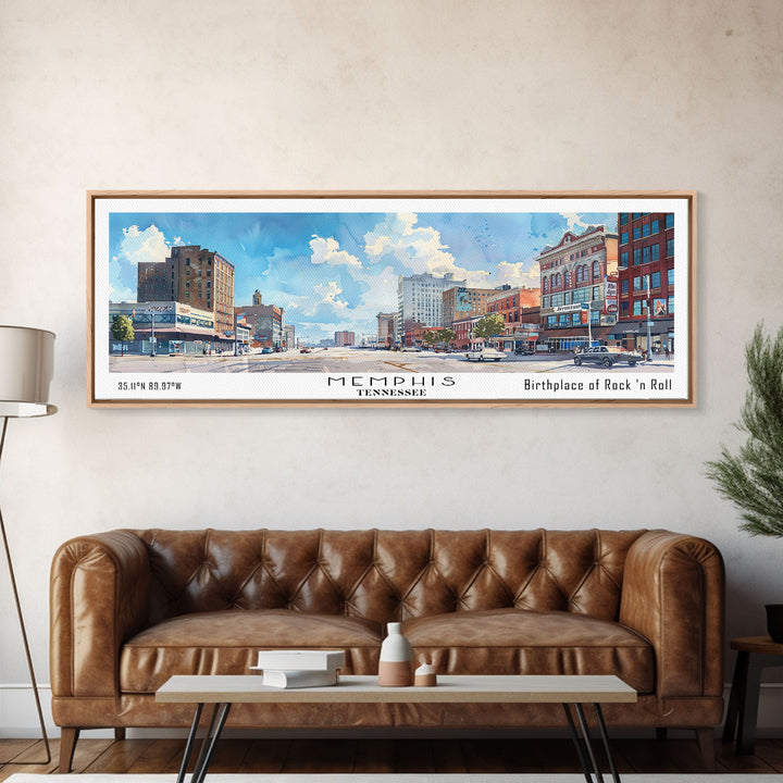 Memphis Tennessee Panoramic Framed Canvas Print, Stunning Watercolor City Art, Office Wall Decor, Travel Poster, Living Room Decor, Home Art
