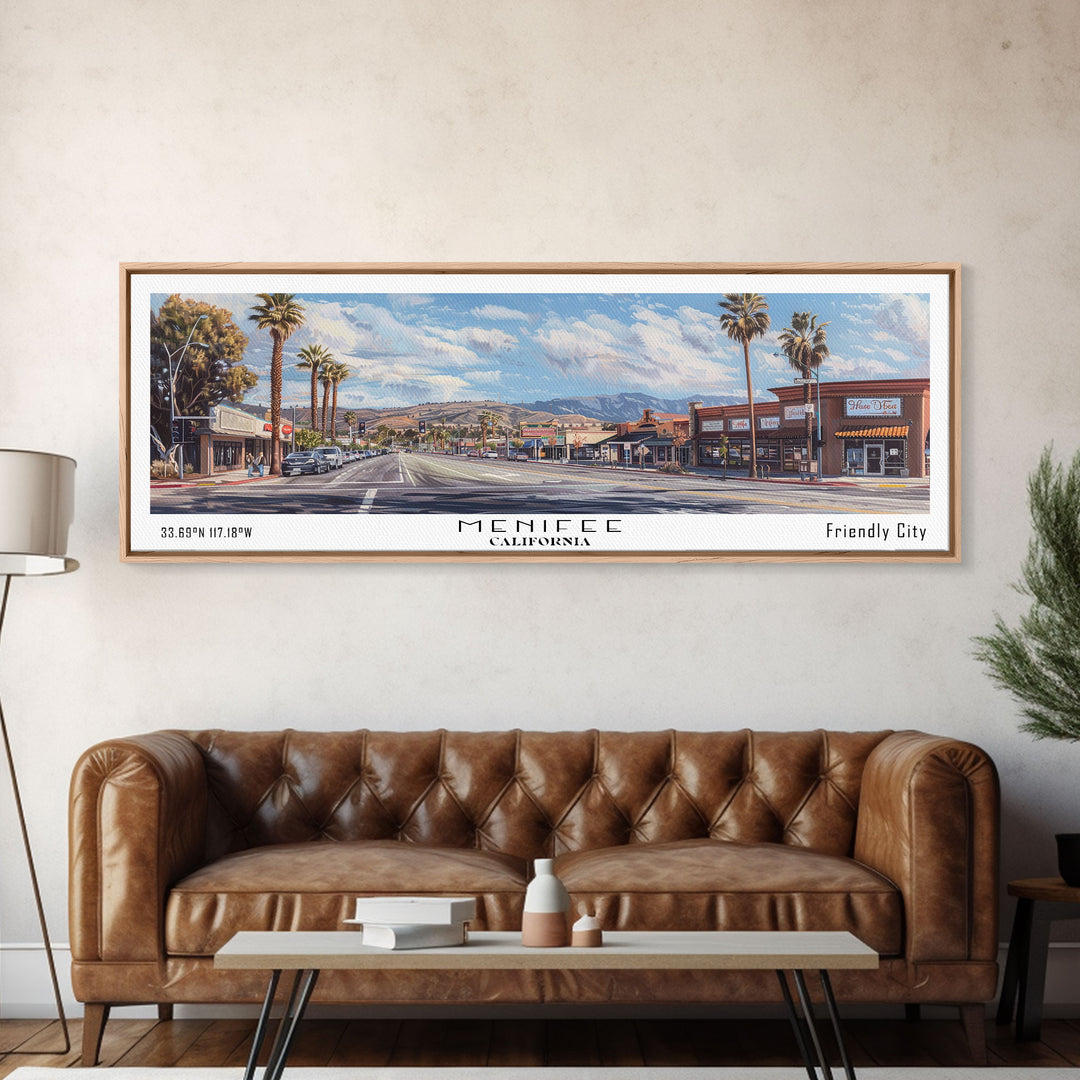 Menifee California Panoramic Framed Canvas Print, Beautiful Watercolor Painting, Office Wall Art, Travel Poster, Home Decor, City Wall Art