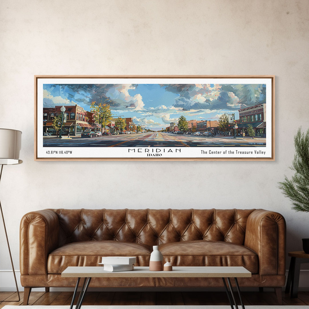 Meridian Idaho Panoramic Framed Canvas Print, Stunning Watercolor Art, Office Wall Decor, Travel Poster, Living Room Decor, City Print