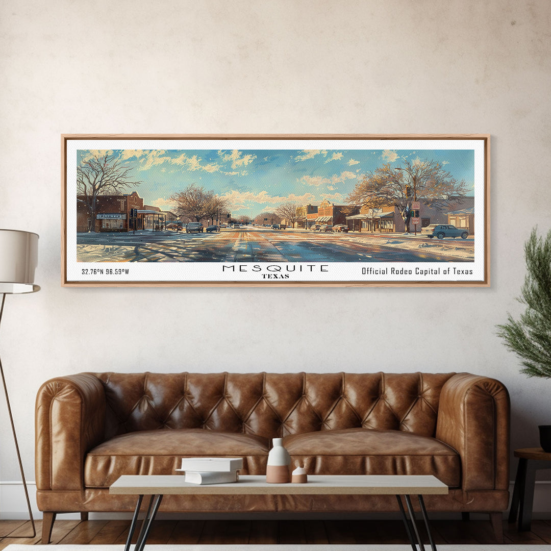 Mesquite Texas Panoramic Framed Canvas Print, Beautiful Watercolor Painting, Office Wall Art, Travel Poster, Living Room Decor, City Art