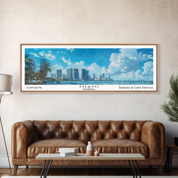 Miami Florida Panoramic Framed Canvas Print, Watercolor Painting, Office Wall Decor, Travel Poster, Home Decor, City Art, Gift Idea