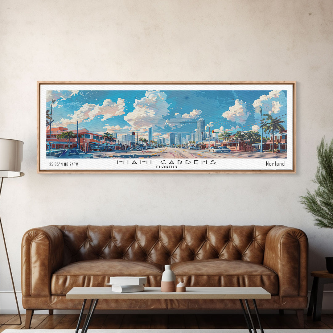 Miami Gardens Florida Panoramic Framed Canvas Print, Beautiful Watercolor City Art, Office Wall Decor, Travel Poster, Living Room Decor