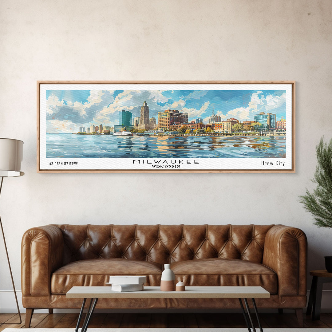 Milwaukee Wisconsin Panoramic Framed Canvas Print, Watercolor Cityscape, Perfect Office Wall Art, Travel Poster, Living Room Decor