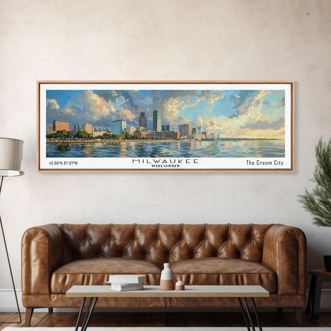 Milwaukee Wisconsin Panoramic Framed Canvas Print, Beautiful Watercolor Painting, Office Wall Art, Travel Poster, Home Decor, City Art