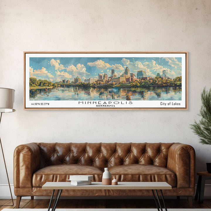 Minneapolis Minnesota Panoramic Framed Canvas Print, Watercolor Painting, Office Wall Art, Travel Poster, Home Decor, City Art