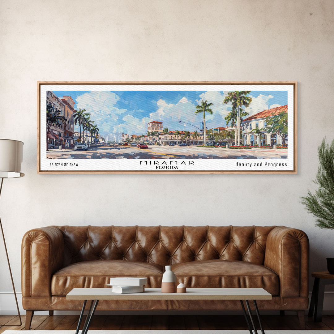 Miramar Florida Panoramic Framed Canvas Print, Beautiful Watercolor Cityscape, Office Wall Art, Travel Poster, Living Room Decor, City Art