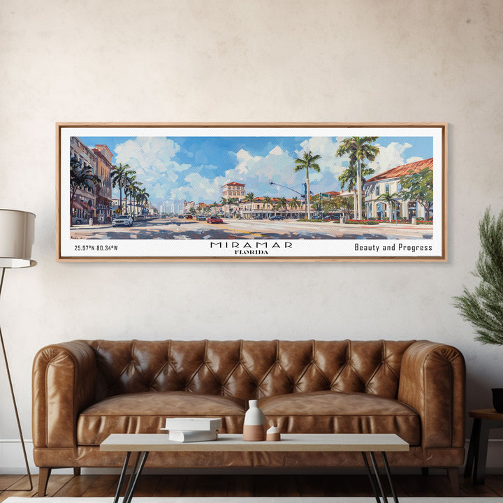 Miramar Florida Panoramic Framed Canvas Print, Beautiful Watercolor Cityscape, Office Wall Art, Travel Poster, Living Room Decor, City Art