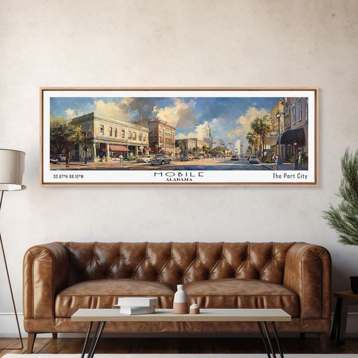 Mobile Alabama Panoramic Framed Canvas Print, Stunning Watercolor Painting, Office Wall Art, Travel Poster, Home Decor, City Art