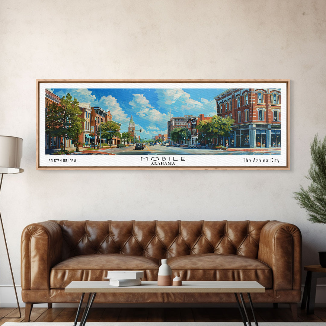 Mobile Alabama Panoramic Framed Canvas Print, Watercolor City Art, Office Wall Decor, Travel Poster, Living Room Decor, City Print