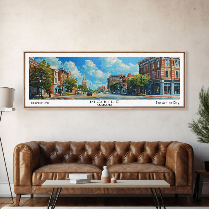 Mobile Alabama Panoramic Framed Canvas Print, Watercolor City Art, Office Wall Decor, Travel Poster, Living Room Decor, City Print