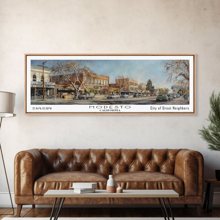 Modesto California Panoramic Framed Canvas Print, Beautiful Watercolor Painting, Office Wall Art, Travel Poster, Living Room Decor, City Art