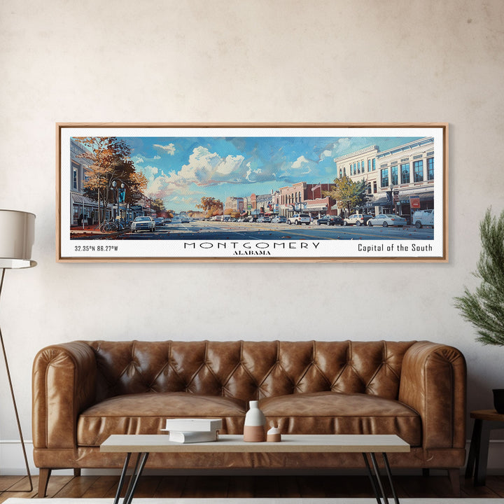 Montgomery Alabama Panoramic Framed Canvas Print, Stunning Watercolor Painting, Office Wall Art, Travel Poster, Home Decor, City Art