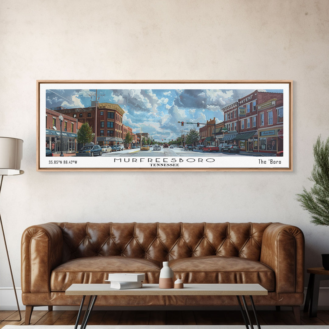 Murfreesboro Tennessee Panoramic Framed Canvas Print, Stunning Watercolor City Art, Office Wall Decor, Travel Poster, Living Room Decor