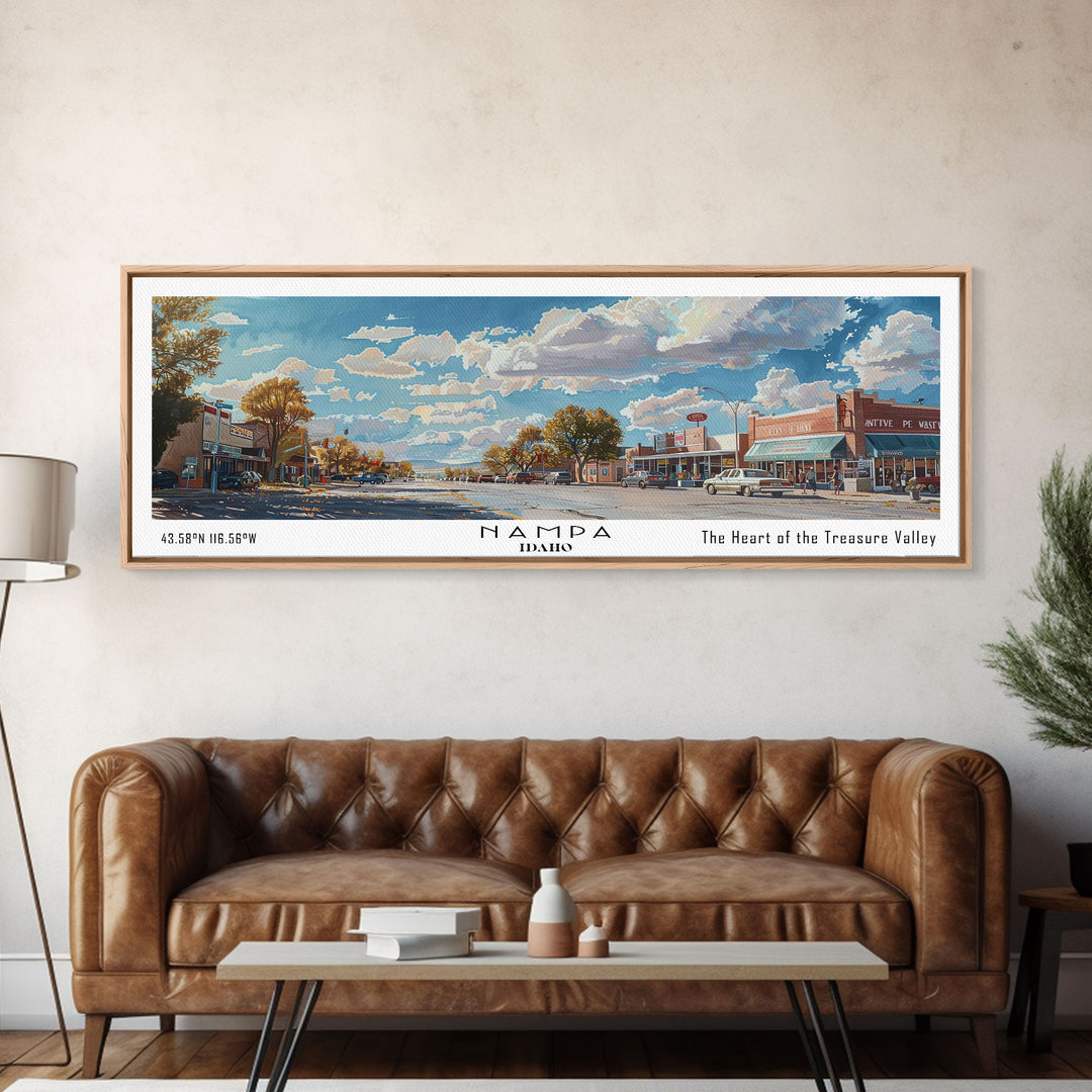 Nampa Idaho Panoramic Framed Canvas Print, Beautiful Watercolor Painting, Office Wall Art, Travel Poster, Home Decor, City Art