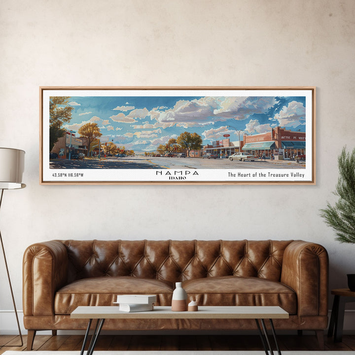Nampa Idaho Panoramic Framed Canvas Print, Beautiful Watercolor Painting, Office Wall Art, Travel Poster, Home Decor, City Art