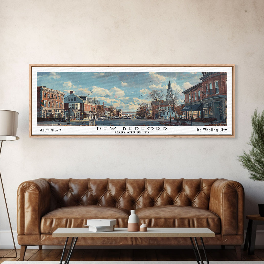 New Bedford Massachusetts Panoramic Framed Canvas Print, Stunning Watercolor Cityscape, Office Wall Art, Travel Poster, Home Decor