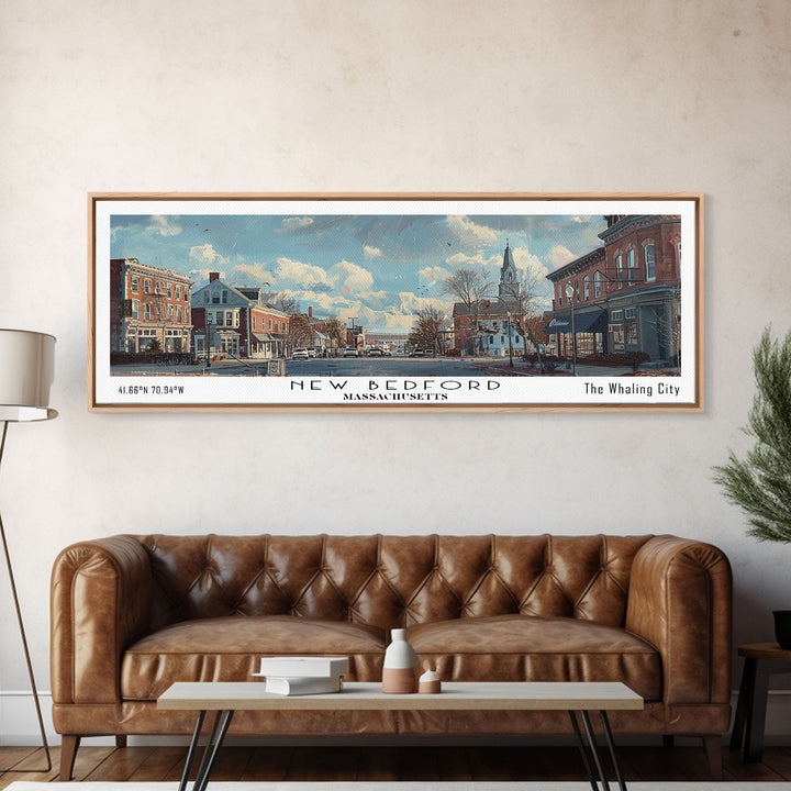 New Bedford Massachusetts Panoramic Framed Canvas Print, Stunning Watercolor Cityscape, Office Wall Art, Travel Poster, Home Decor