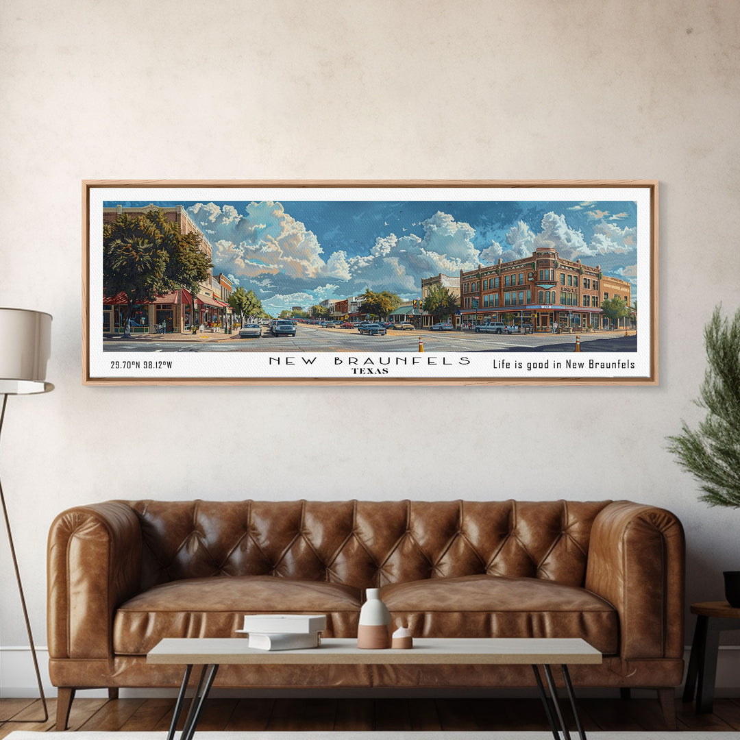 New Braunfels Texas Panoramic Framed Canvas Print, Watercolor City Art, Office Wall Decor, Travel Poster, Living Room Decor