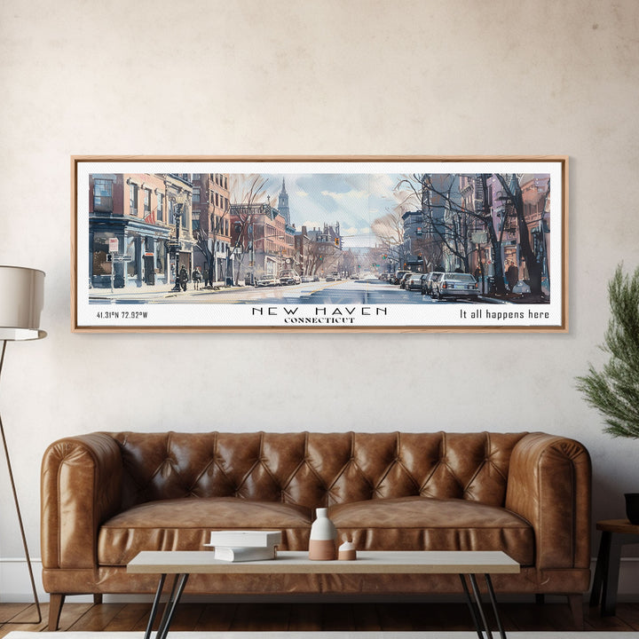 New Haven Connecticut Panoramic Framed Canvas Print, Stunning Watercolor Painting, Office Wall Art, Travel Poster, Home Decor