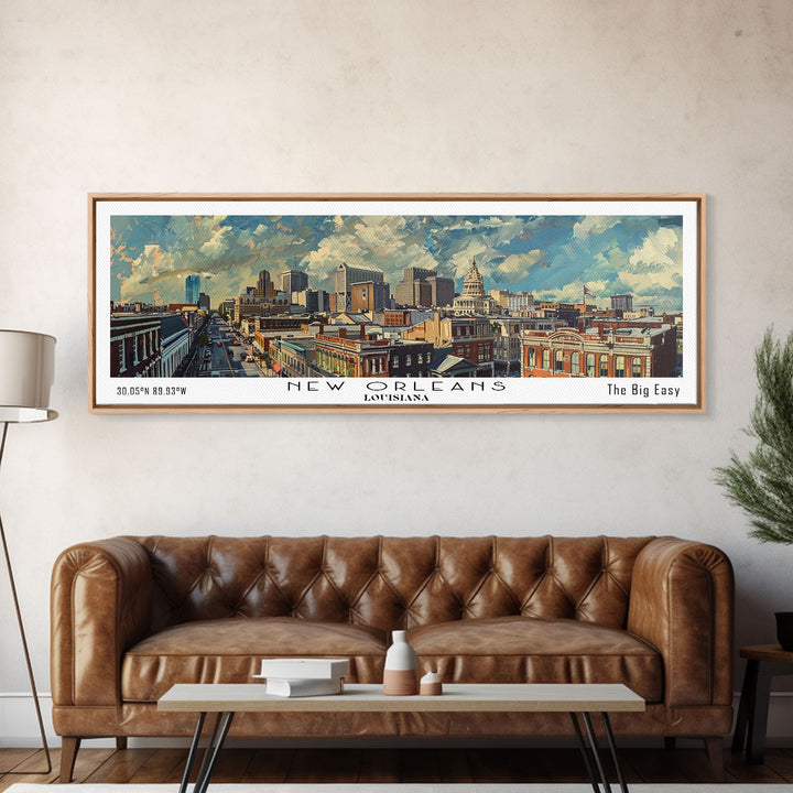 New Orleans Louisiana Panoramic Painting, Framed Canvas Print for Home Decor, Unique Watercolor Art, Travel Poster, Cityscape Gift Idea
