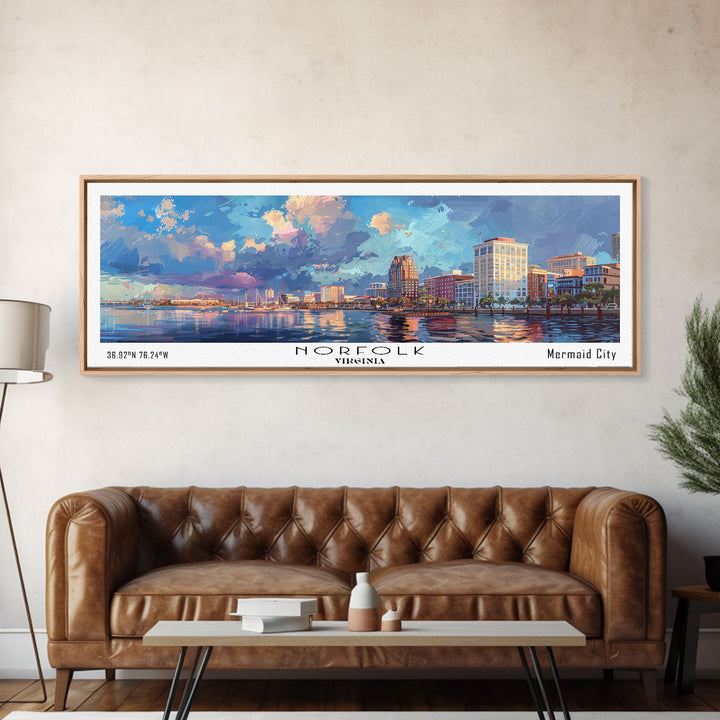 Norfolk Virginia Panoramic Framed Canvas Print, Cityscape Watercolor Painting, Modern Wall Art for Home Decor, Travel Poster, Urban Gift Idea