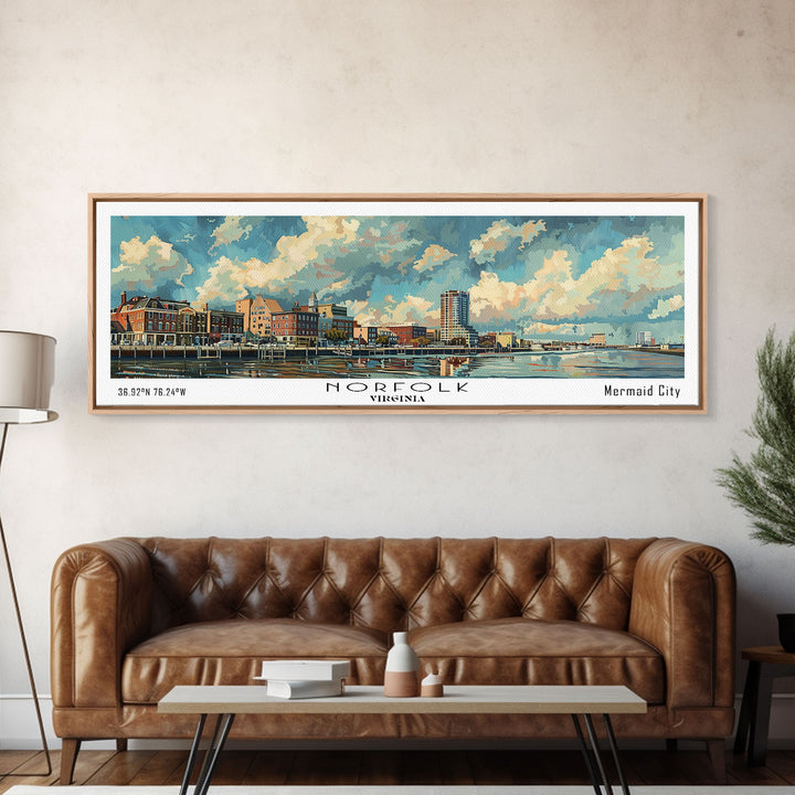 Norfolk Virginia Panoramic Painting, Framed Canvas Print for Office Wall Art, Watercolor Cityscape, Travel Poster, Beautiful Home Decor
