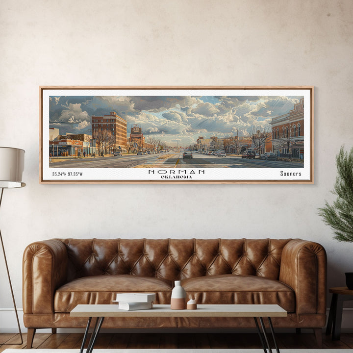 Norman Oklahoma Panoramic Framed Canvas Print, Cityscape Watercolor Painting, Travel Poster for Home Decor, Modern Wall Art, Unique Gift Idea