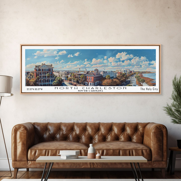 North Charleston South Carolina Panoramic Painting, Framed Canvas Print, Watercolor Cityscape Art, Travel Poster for Living Room, Home Decor
