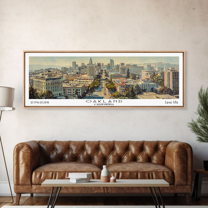 Oakland California Panoramic Wall Art, Framed Canvas Print, Stunning Watercolor Cityscape, Travel Poster, Modern Home Decor, Unique Gift
