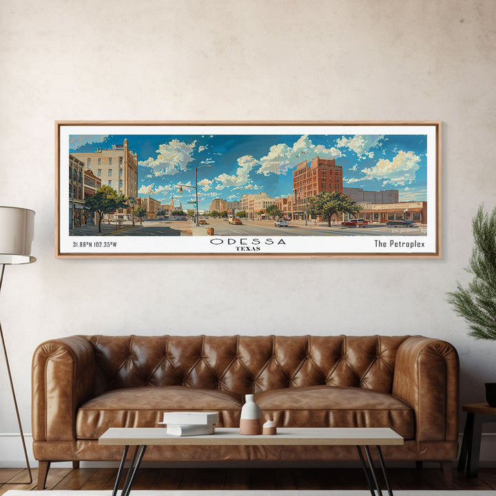 Odessa Texas Panoramic Painting, Framed Canvas Print for Home Decor, Beautiful Cityscape Watercolor Art, Travel Poster, Modern Gift Idea