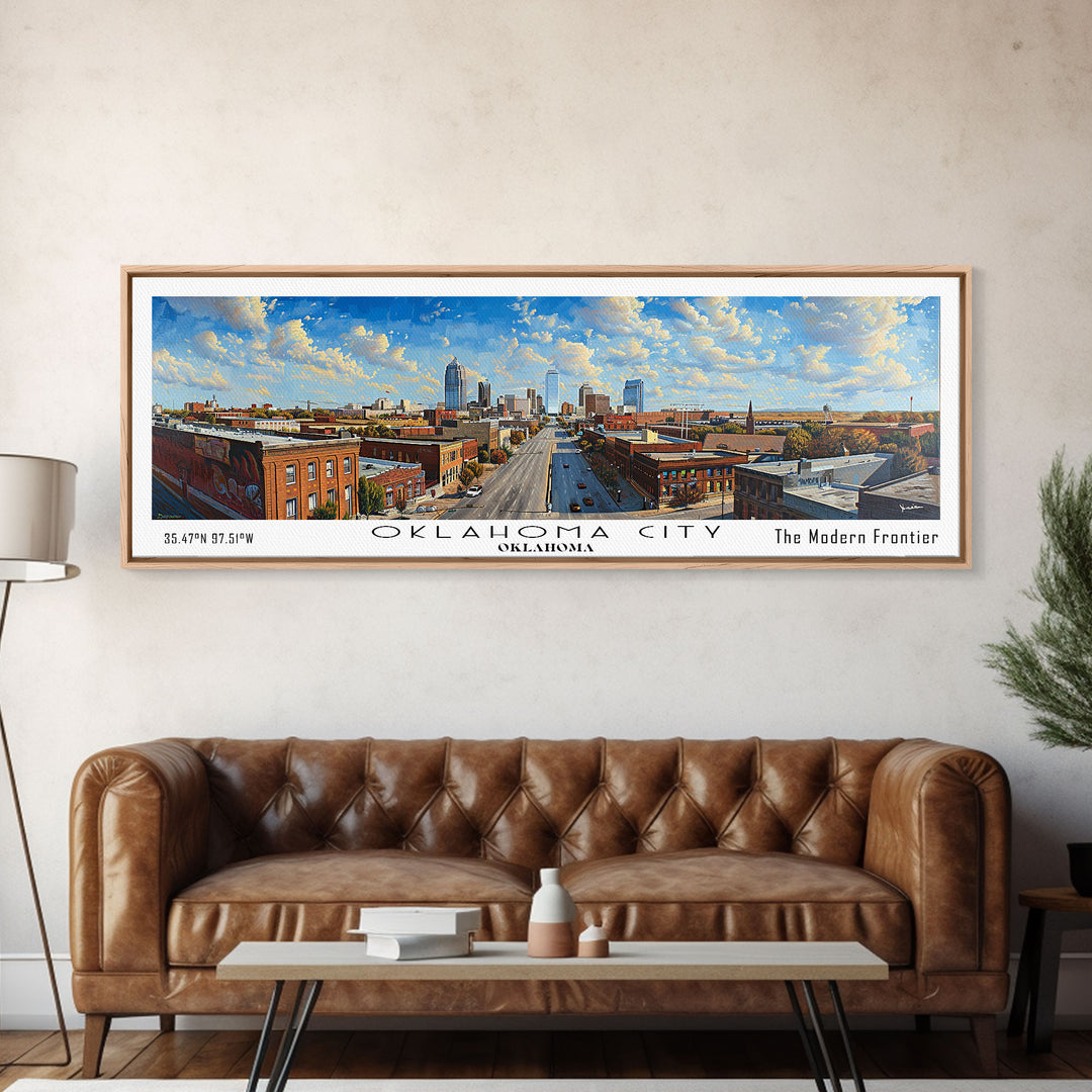 Oklahoma City Oklahoma Panoramic Framed Canvas Print, Cityscape Watercolor Painting, Travel Poster, Home Decor, Unique Gift Idea, Urban Art